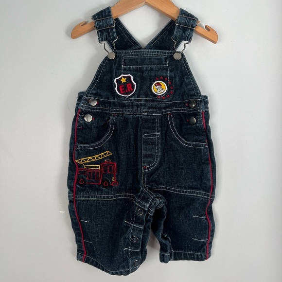 Vintage Denim Overalls Dark Wash Embroidered Fire Truck Theme 3M Baby Boy - Picture 1 of 5